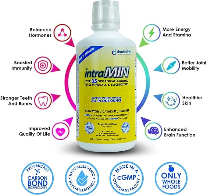 DRUCKER Labs 2.0 (Peach Mango) & intraMIN (Tropical Fruit) - Organic Liquid Trace Minerals, Liquid Multivitamin, Immune Support, Non GMO, Dairy Free, Gluten Free, Vegan (32 oz. Each)