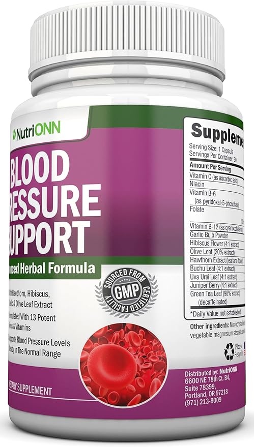 Blood Pressure Support Supplement - 13 Herbs & Vitamins - with Hawthorn, Hibiscus, Garlic & Olive Leaf Extract - Natural Supplement for Women & Men - High Strength Capsules - Non-GMO - 90 Day Supply