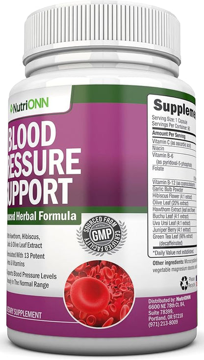 Blood Pressure Support Supplement - 13 Herbs & Vitamins - with Hawthorn, Hibiscus, Garlic & Olive Leaf Extract - Natural Supplement for Women & Men - High Strength Capsules - Non-GMO - 90 Day Supply