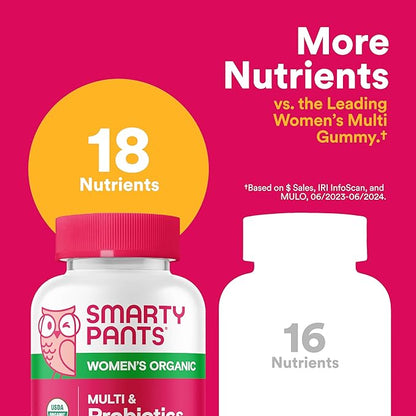 SmartyPants Organic Women's Multivitamin Gummies: Biotin, Probiotics, Methylfolate, Omega 3 (ALA), Vitamin D3, C, Vitamin B12, B6, Vitamin A, K & Zinc, Gluten Free, 120 Count (30 Day Supply)