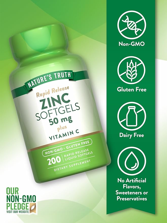 Nature's Truth Zinc 50mg with Vitamin C | 200 Liquid Softgels | Non-GMO & Gluten Free Supplement