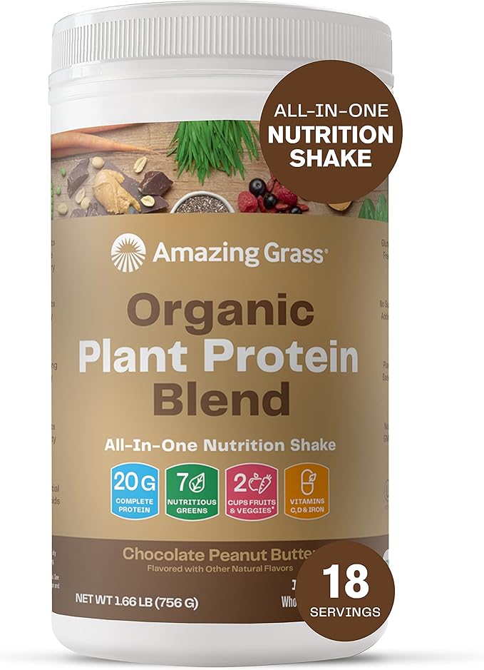 Amazing Grass Organic Plant Protein Blend: Vegan Protein Powder, New Protein Superfood Formula, All-In-One Nutrition Shake With Beet Root, Original, 18 Servings (Chocolate Peanut Butter)