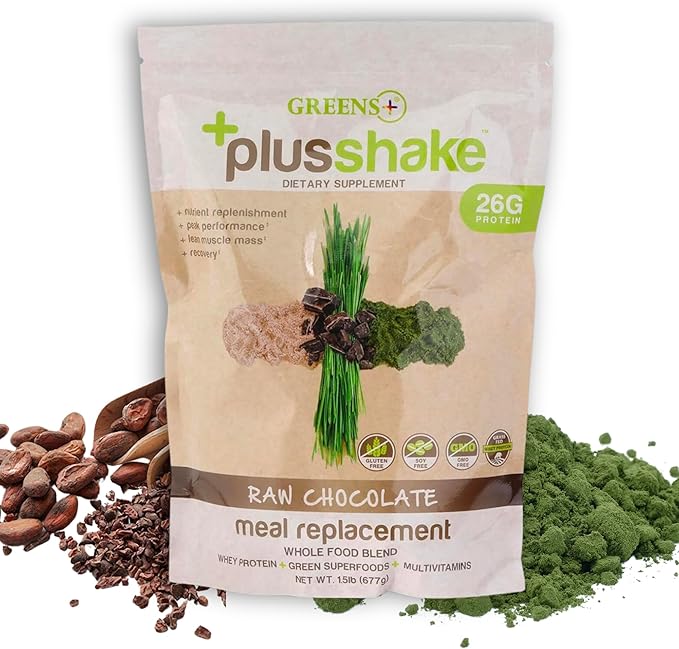Greens+ PlusShake Raw Chocolate Grass Fed Whey Protein Powder - Meal Replacement | Non-GMO | Gluten & Soy Free | Dietary Supplement Superfood + Multi-Vitamins | 27g Protein | 1.5 lb Bag