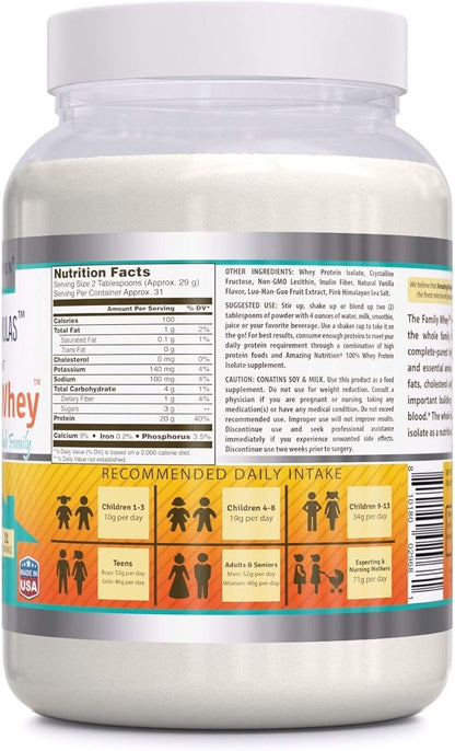 Amazing Formulas The Family Whey Protein (Isolate) Powder for The Whole Family - 2 lbs - Most Complete & Purest Form of Protein - Gluten Free (Vanilla)