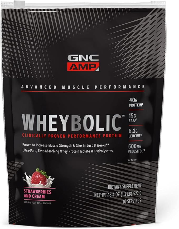 GNC AMP Wheybolic Whey Protein Powder Isolate with BCAA | Targeted Muscle Building and Workout Support Formula | Gluten Free | Strawberries and Cream | 10 Servings