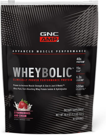 GNC AMP Wheybolic Whey Protein Powder Isolate with BCAA | Targeted Muscle Building and Workout Support Formula | Gluten Free | Strawberries and Cream | 10 Servings