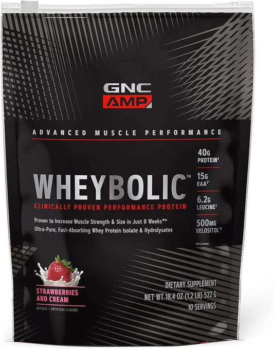 GNC AMP Wheybolic Whey Protein Powder Isolate with BCAA | Targeted Muscle Building and Workout Support Formula | Gluten Free | Strawberries and Cream | 10 Servings