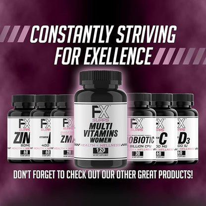 FXSUPPS Multivitamin for Women with Vitamin C, Vitamin D, Vitamin E, Zinc for Immune Support - Vegan Women's Multivitamin with Biotin, Iron, Antioxidants + Amino Acids (120 Count)