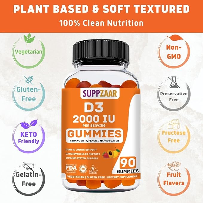 Vitamin D Gummies. Vegetarian Vitamin D3 Gummies Made for Adults & Kids for Immune Support, Bone & Joint Strength, & Heart Health. Non-GMO, Gluten-Free, and Gelatin-Free. 45-90 Servings