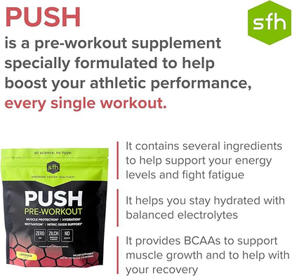 SFH Push Pre-Workout Powder (Lemonade) BCAAs for Muscle Repair | Electrolytes | Non-Dairy, No Artificial Flavors, Colors, Sugar, Soy, Gluten, or GMOs (Bag)