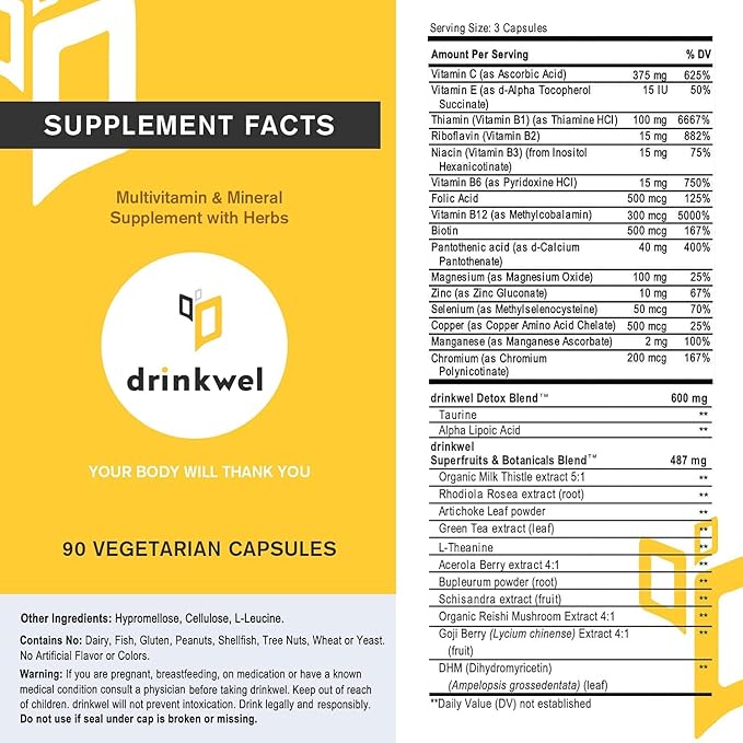 drinkwel Premium Multivitamin Supplement - Pack of 3 x 90 Capsules - Morning Recovery, Liver Cleanse, Detox, Immune Support- Milk Thistle, Vitamin C, Zinc, Magnesium