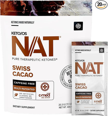 Keto//OS NAT® Swiss Cacao – Caffeine Free - Exogenous Ketones - Supplement for Men and Women (20 Count)