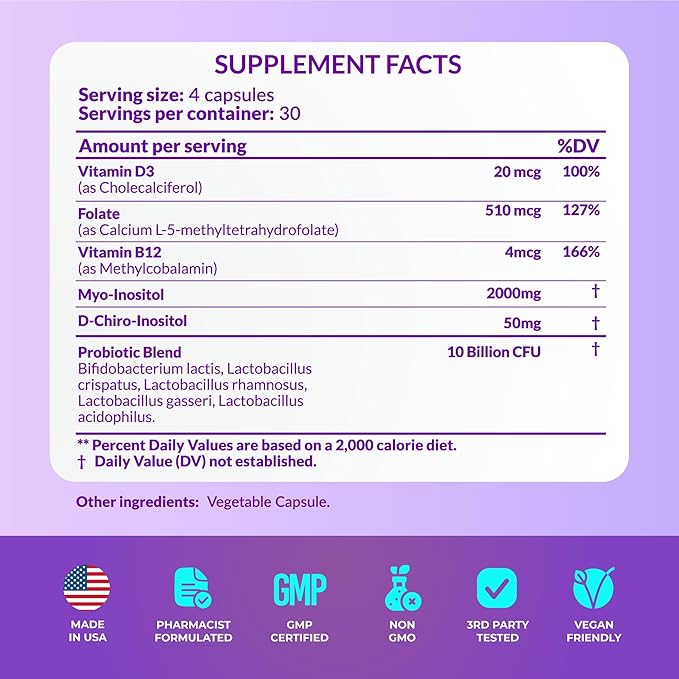 Hormone Balance for Women, Ovarian Support, Fertility, Menstrual Cycle, PCOS | Myo-Inositol & D-Chiro Inositol Supplement 40:1 Ratio w/Folic Acid for Hormonal Balance, B12 & Probiotics - 120 Count