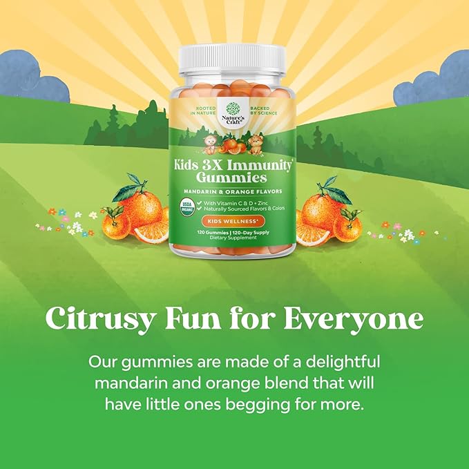 Organic Kids Immune Support Gummies - Vegan Organic Vitamin D Gummies for Kids with Vitamin C and Zinc for Kids Immunity - D3 Zinc and Vitamin C Gummies for Kids - Gluten Free & Non GMO (120 Servings)