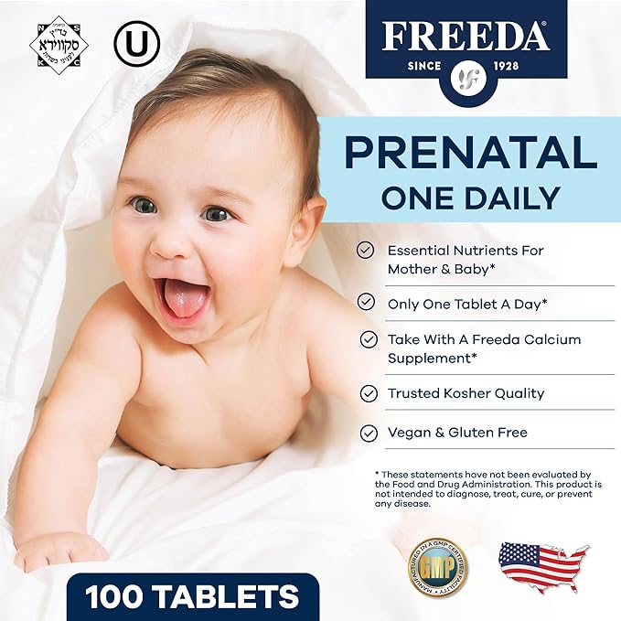 FREEDA Prenatal Vitamin - Kosher Prenatals - Prenatal Vitamins with Iron, Prenatal Folic Acid, Choline, Vitamin D - One Daily Pre Natal Multivitamin Support for Pregnant & Lactating Women (250)