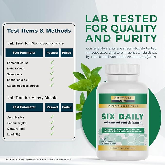 Nature's Lab Six Daily Advanced Multivitamin - Over 90 Nutrients, Minerals, Antioxidants, Herbs & Whole Foods - 180 Capsules (30 Day Supply)