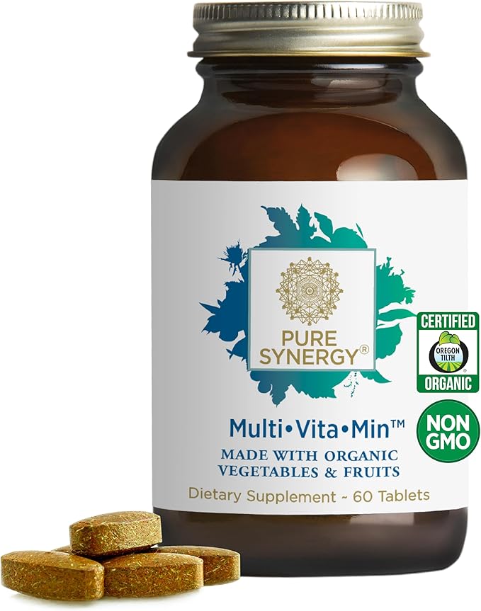PURE SYNERGY Multi·Vita·Min | Vegan Multivitamin Made with Organic Whole Foods | Twice Daily Supplement for Men and Women | Core Nutrients for Energy, Mood, Immune, and Bone Health (60 Tablets)