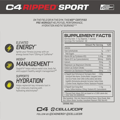 Cellucor C4 Ripped Sport Pre Workout Powder Fruit Punch - NSF Certified for Sport + Sugar Free Preworkout Energy Supplement for Men & Women | 135mg Caffeine | 30 Servings