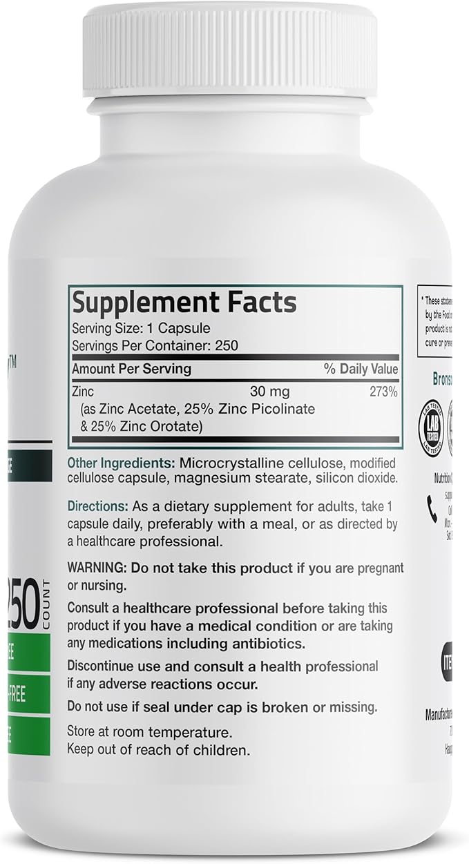 Bronson Zinc Triple Play 30 mg Triple Coverage Immune Support Zinc Supplement with Zinc Acetate, Picolinate & Orotate - Immune, Antioxidant & Skin Health Support - 250 Vegetarian Capsules