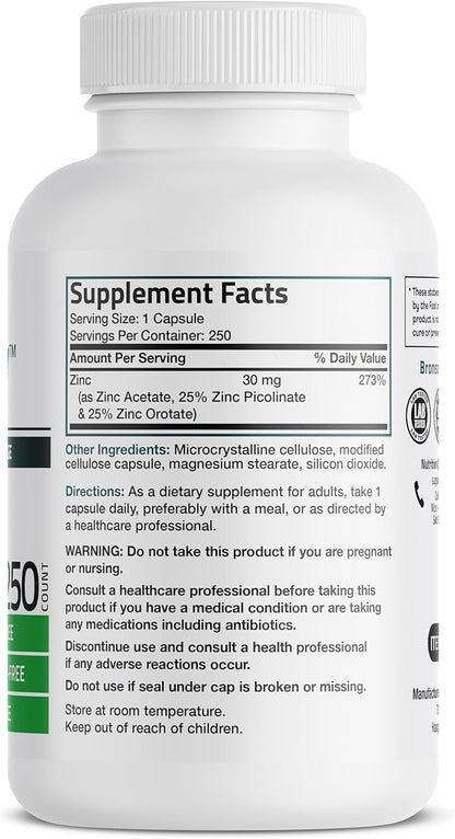 Bronson Zinc Triple Play 30 mg Triple Coverage Immune Support Zinc Supplement with Zinc Acetate, Picolinate & Orotate - Immune, Antioxidant & Skin Health Support - 250 Vegetarian Capsules