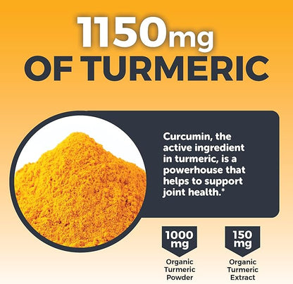 Organic Turmeric Ginger Supplements for Joint Support and Heart Health -1450 mg per Serving Tumeric and Ginger Pills with 150 of Turmeric Standardized to 95% Curcuminoids, 15mg Black Pepper Extract