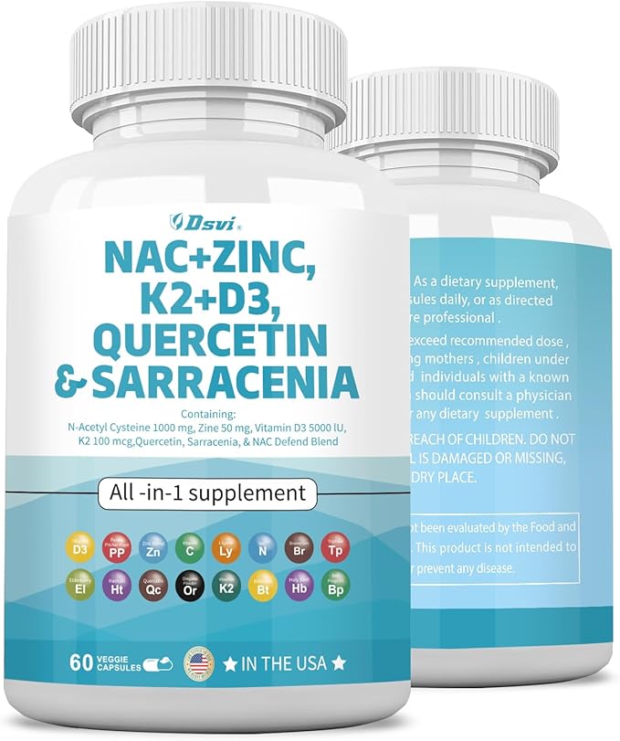 NAC Supplement N-Acetyl Cysteine 1000mg Vitamin D3 K2 Zinc Quercetin 1000mg Sarracenia Purpurea 1000mg with Elderberry Holy Basil Bee Propolis Bromelain L-Lysine for Men and Women,60 Count
