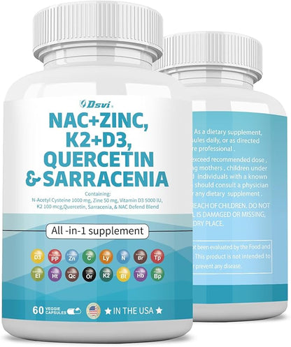 NAC Supplement N-Acetyl Cysteine 1000mg Vitamin D3 K2 Zinc Quercetin 1000mg Sarracenia Purpurea 1000mg with Elderberry Holy Basil Bee Propolis Bromelain L-Lysine for Men and Women,60 Count