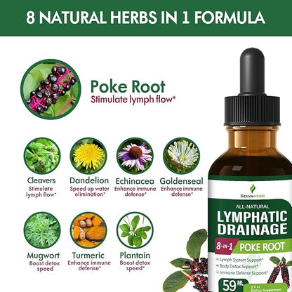 Lymphatic Drainage Drops for Lymph System Support, Body Detox & Immune Defense Support Herbal Supplements with Poke Root(Phytolacca Americana) Cleavers Dandelion Echinacea Extract. 2oz
