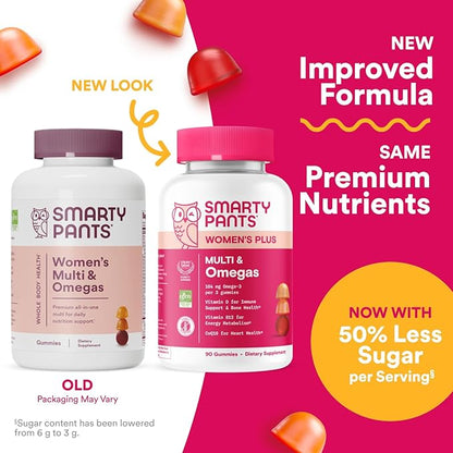 SmartyPants Women's Multivitamin Gummies - Improved Formula: Omega 3 (DHA/EPA), Methylfolate, CoQ10, Vitamin D3, C, Vitamin B12, B6, Vitamin A, K & Zinc, Gluten Free, 90 Count (30 Day Supply)