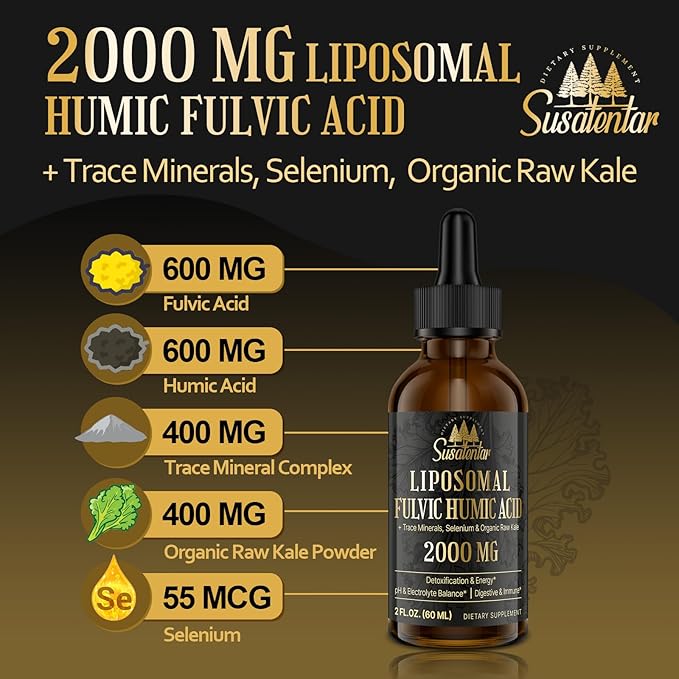 Trace Minerals Electrolytes Drops 2000 MG | Liquid Liposomal Fulvic Humic Acid Supplement | 72+ Trace Minerals | Hydration | Detoxification | Energy | pH Balance | Digestion | Immunity | 2 Oz