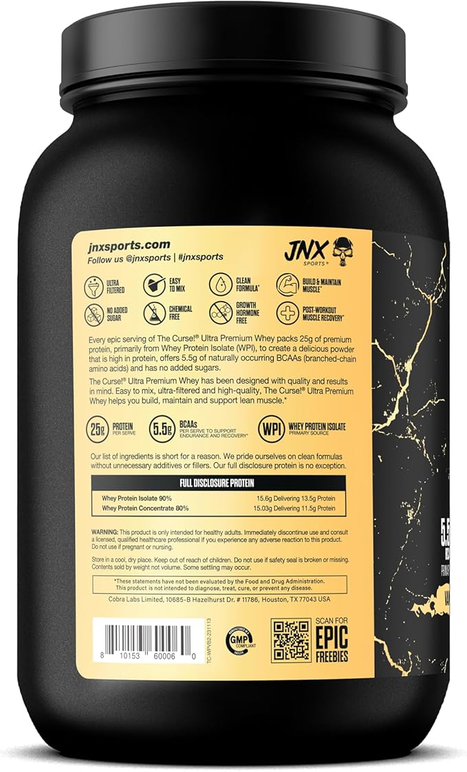 JNX SPORTS The Curse! Ultra Premium Whey Protein Powder Vanilla Bean 2lb | 25g Protein Per Serve, Primary Source Whey Isolate