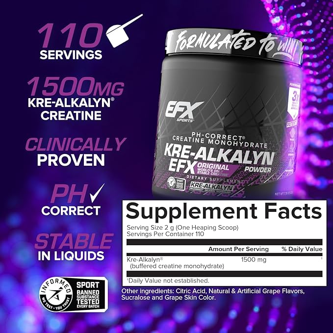 EFX Sports Kre-Alkalyn EFX Powder | pH Correct Creatine Monohydrate Powder Supplement | Strength, Muscle Growth & Performance | 110 Servings (Grape)