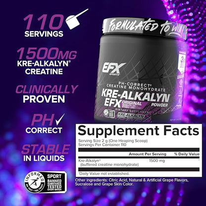 EFX Sports Kre-Alkalyn EFX Powder | pH Correct Creatine Monohydrate Powder Supplement | Strength, Muscle Growth & Performance | 110 Servings (Grape)