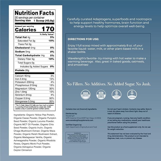 Wavelength Organic Plant-Based Superfood Protein Powder! Consciously Crafted! USDA Organic, Plant-Based, Vegan, Soy-Free, Dairy Free, No Added Sugar! Chocolate or Vanilla!
