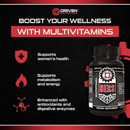 Driven Nutrition Hers Multivitamin, 90 Ct - Women's Blend of Vitamins, Minerals & Nutrients - Energy, Metabolism, Immune Support, Recovery & Brain Function - Vitamin A, E, D, C, Magnesium, Zinc & More