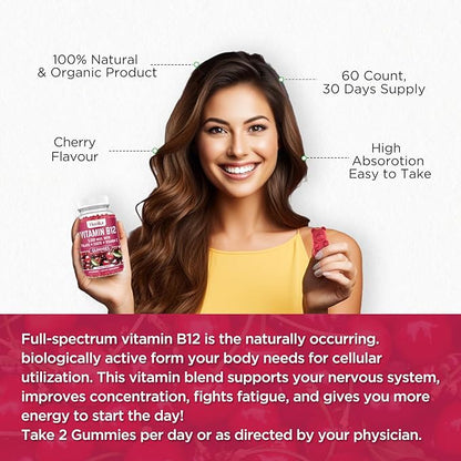 Vitamin B12 Complex 5000 mcg Methyl B12, Adenosyl B12 & Hydroxy B12, with Coenzyme Q10, Folate, Vitamin C, Chewable B 12 for Energy Support, Metabolism, Bone Health - Cherry Flavor