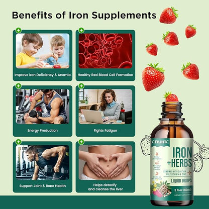 Liquid Iron Supplement for Women, Men, Iron Drops with Women's Health Herb Blend, Calcium, Zinc & Multivitamin - Support Blood Builder, Skin, Energy, Immune for Iron Deficiency, Anemia, Vegan 2 Fl Oz
