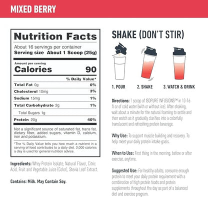 Isopure Protein Powder, Clear Whey Isolate Protein, Post Workout Recovery Drink Mix, Gluten Free with Zero Added Sugar, Infusions- Mixed Berry, 16 Servings