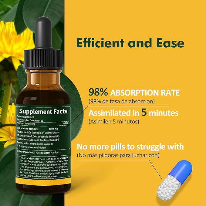 Kidney Cleanse Drops, Diente de Leon y Chanca Piedra for Kidney Stone, Cola de Caballo for Water Away & Edema Relief. Nature Herbal Extract Liquid for Kidney Cleanse Detox & Repair. 6oz