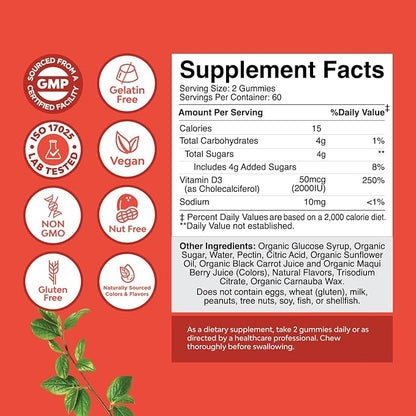 Organic Vitamin D Gummies for Adults - Daily Immune Support Gummies with Vegan Vitamin D3 2000IU - USDA Organic Vitamin D3 Gummies for Adults Wellness - Non GMO Gluten Free - 2 Month Supply