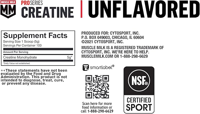 Muscle Milk Pro Series Creatine Powder Supplement, Unflavored, 1.1 Pound, 100 Servings, 5g Creatine Monohydrate, NSF Certified for Sport, Packaging May Vary