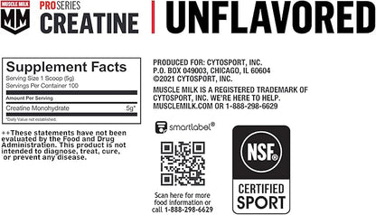 Muscle Milk Pro Series Creatine Powder Supplement, Unflavored, 1.1 Pound, 100 Servings, 5g Creatine Monohydrate, NSF Certified for Sport, Packaging May Vary