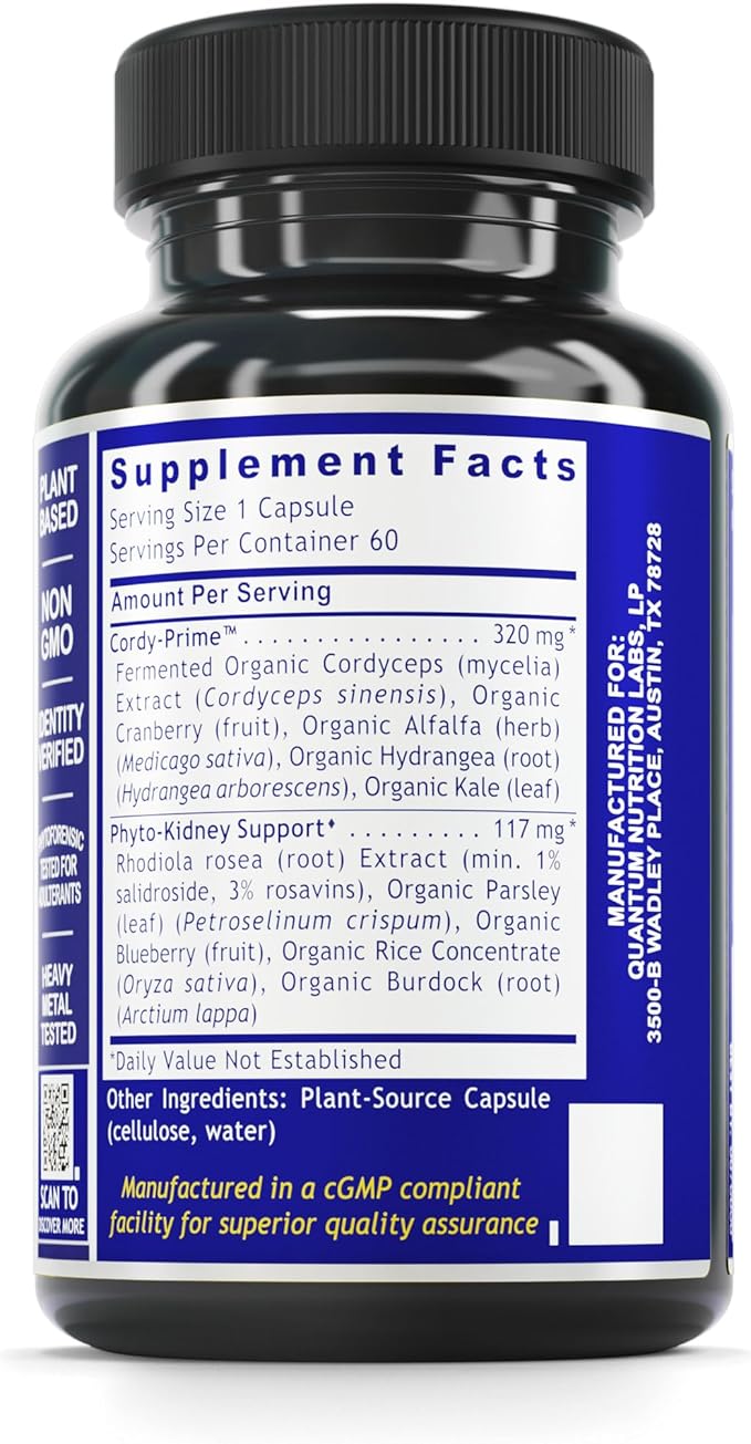 Quantum Nutrition Labs Kidney Support - Kidney Health Supplement, Kidney Support Supplement, Kidney Vitamins for Men and Women with Cranberry, Rhodiola Rosea, and Parsley - 60 Vegetarian Capsules