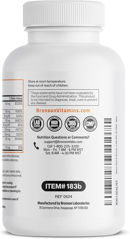 Bronson Super B 100 Vitamin B Complex Sustained Release Contains All B Vitamins (Vitamin B1, B2, B3, B6, B9 - Folic Acid, B12) Supports Energy Metabolism & Nervous System Health, Non-GMO, 250 Tablets