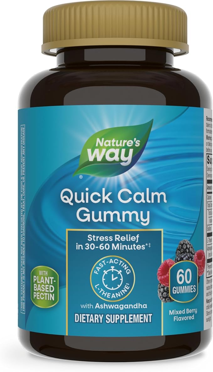 Nature's Way Quick Calm Gummies, L-Theanine for Relaxation*, Fast-Acting, Stress Relief from L-Theanine Within 30-60 minutes*, with Ashwagandha, Vegetarian, Mixed Berry Flavored,  60 Gummies