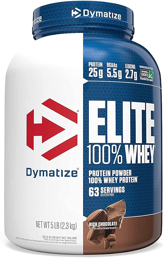 Dymatize Elite 100% Whey Protein Powder, 25g Protein, 5.5g BCAAs & 2.7 L-Leucine, Quick Absorbing & Fast Digesting for Optimal Muscle Recovery, Rich Chocolate, 5 Pound, 63 Servings