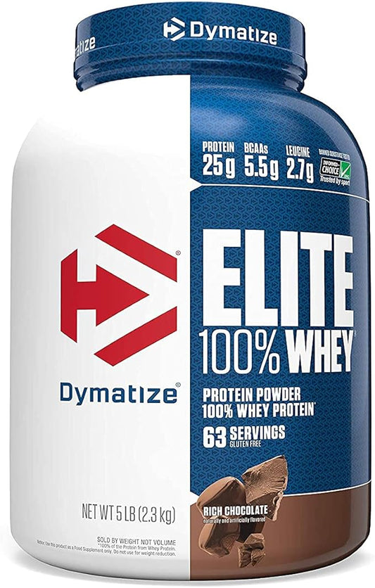 Dymatize Elite 100% Whey Protein Powder, 25g Protein, 5.5g BCAAs & 2.7 L-Leucine, Quick Absorbing & Fast Digesting for Optimal Muscle Recovery, Rich Chocolate, 5 Pound, 63 Servings