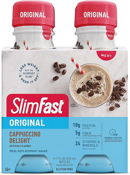 SlimFast Meal Replacement Shake, Original Cappuccino Delight, 10g of Ready to Drink Protein for Weight Loss, 11 Fl. Oz Bottle, 4 Count (Pack of 3) (Packaging May Vary)