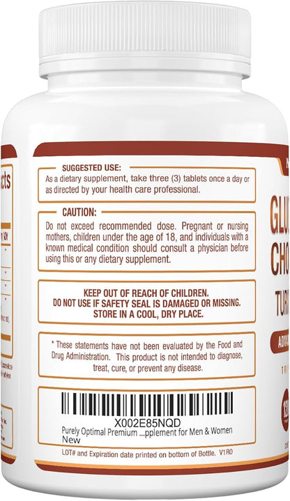 Purely Optimal Glucosamine Chondroitin MSM Supplement w/Turmeric & Boswellia - Glucosamine Sulfate Joint Supplement for Men & Women - 120 Tablets