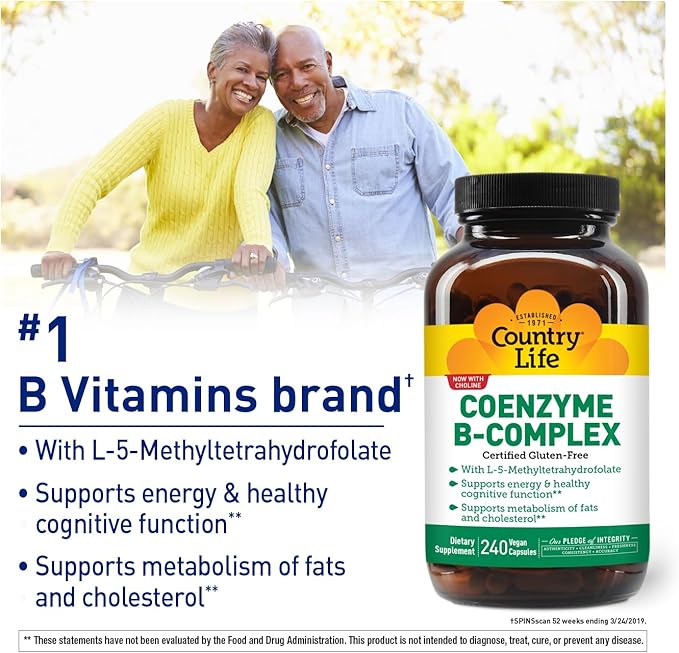 Country Life Coenzyme Vitamin B Complex Caps for Healthy Energy Support, Cognitive Function & Cholesterol Metabolism, Includes Methylfolate and 500mcg Vitamin B12, Gluten Free, Vegan and Kosher